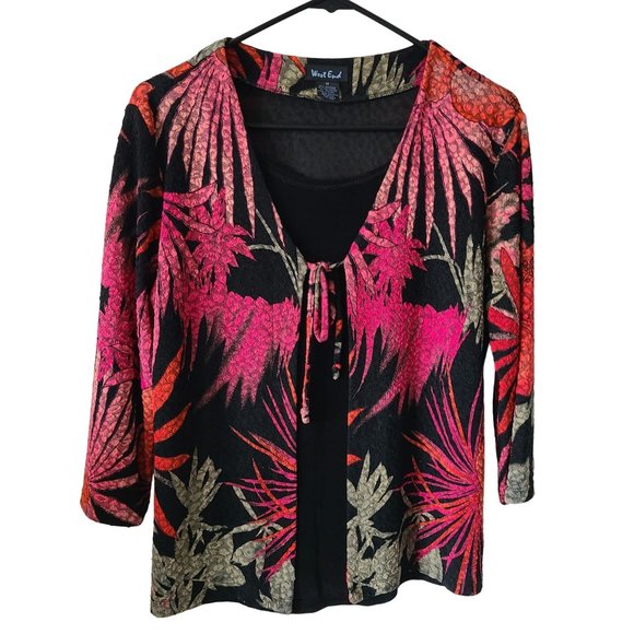 West End US Size M Y2K Slinky Tropical Floral Tie Front 3/4 Sleeve Blouse - Picture 1 of 8